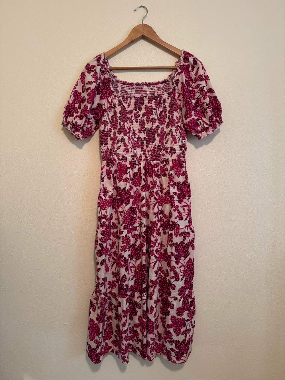 Old Navy Pink & White Smocked Midi Dress